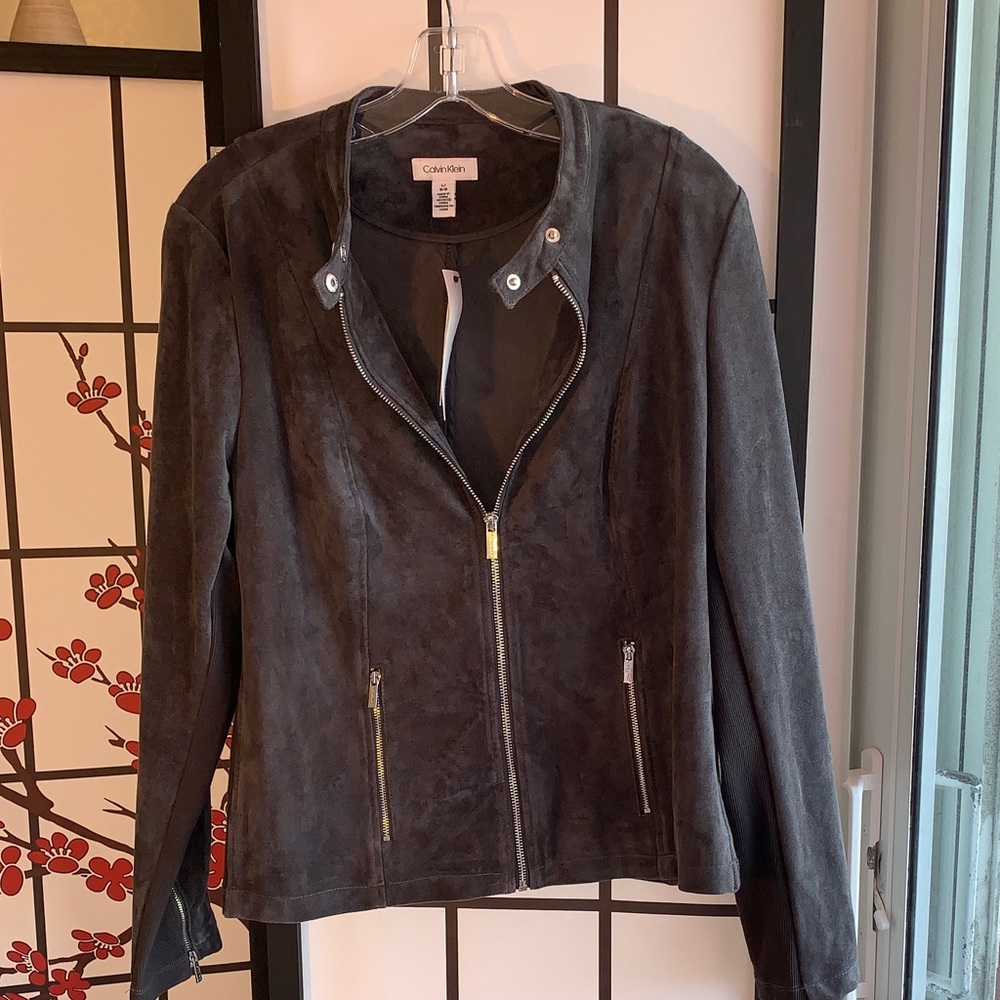 Calvin Klein Dark Gray Faux Suede Moto Jacket, Large NWT